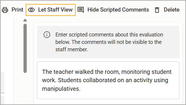 Interface showing evaluation comments and the option to let staff view the document.